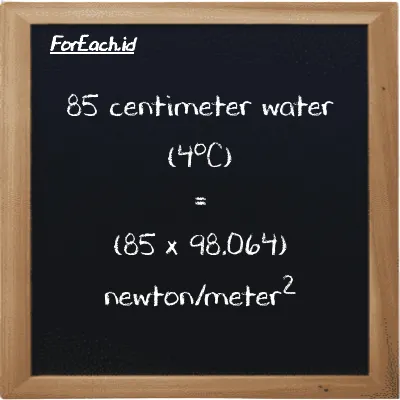 How to convert centimeter water (4<sup>o</sup>C) to newton/meter<sup>2</sup>: 85 centimeter water (4<sup>o</sup>C) (cmH2O) is equivalent to 85 times 98.064 newton/meter<sup>2</sup> (N/m<sup>2</sup>)